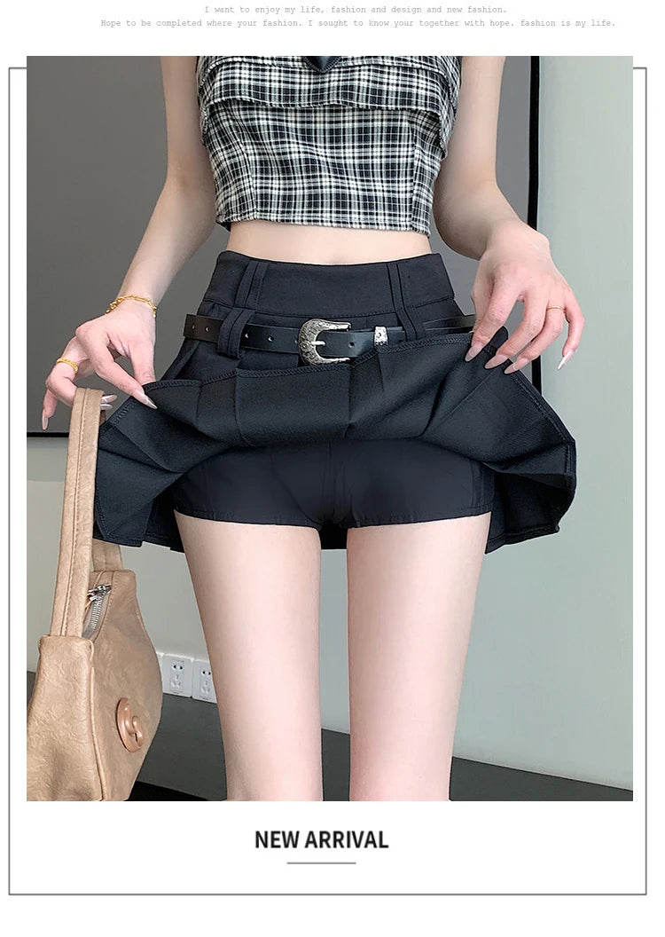 Belt Solid Women Skirts Summer High Waist Mini Skirt Lined Prevent Exposure Female Pleated Skirt GAODINGLAN Vintage with