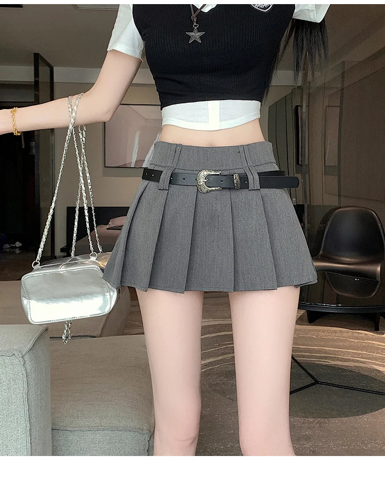 Belt Solid Women Skirts Summer High Waist Mini Skirt Lined Prevent Exposure Female Pleated Skirt GAODINGLAN Vintage with