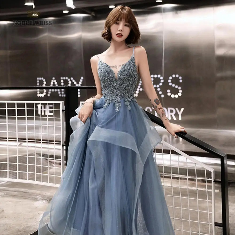 v-neck a-line floor-length tulle appliques prom dress bare back cheap prom gown robe de soiree party dress prom dresses